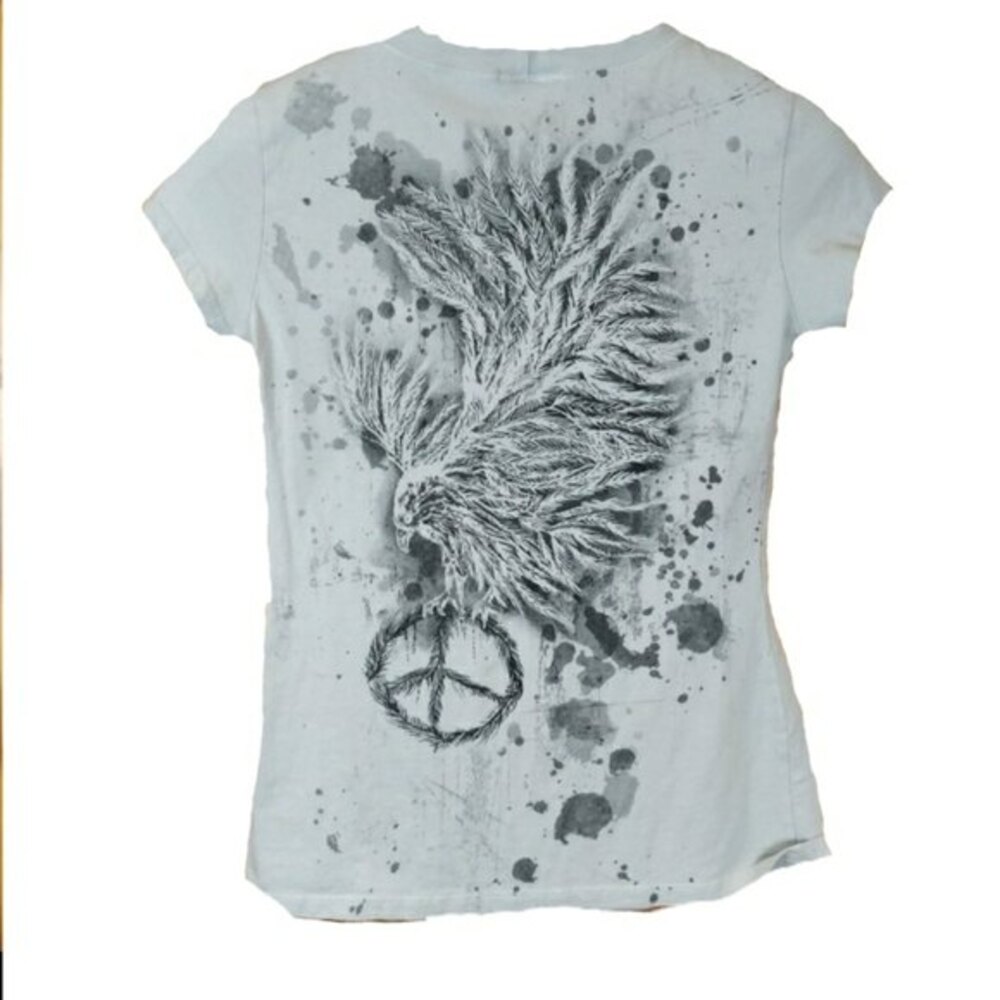 Y2k Baby Tee Julia Splatter Paint Peace Sign Feather T Shirt SM